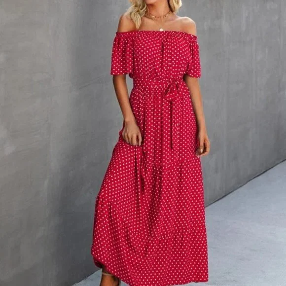 Boho polka-dot shoulder ruffle maxi dress red - Picture 2 of 6